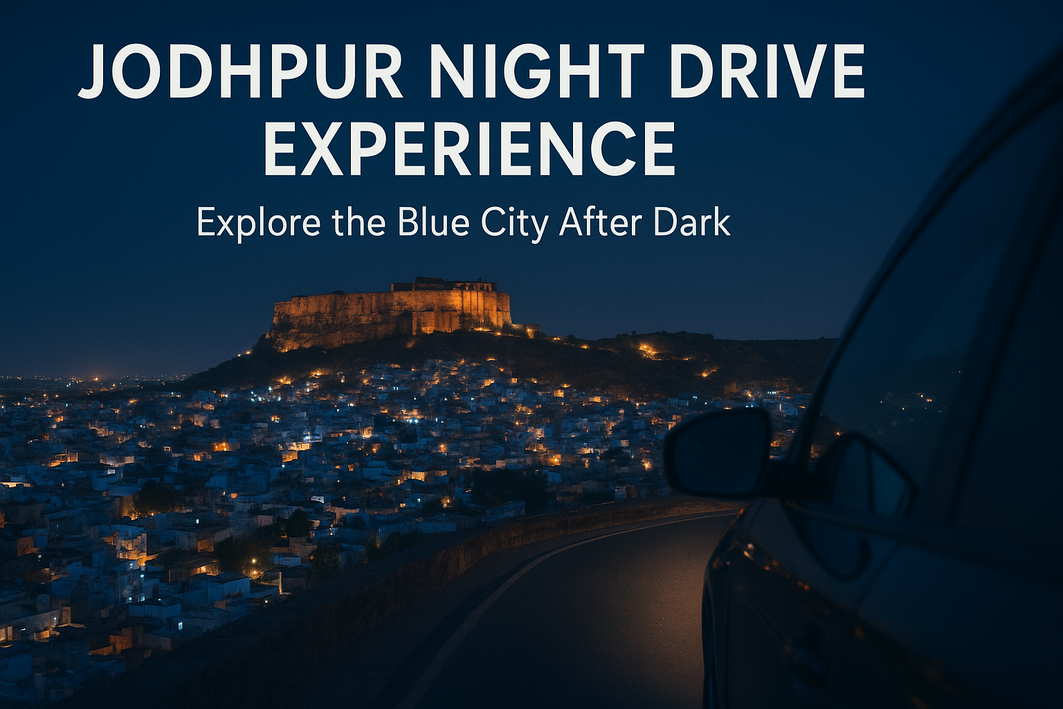 "Night drive in Jodhpur with view of illuminated Mehrangarh Fort and blue city lights under a dark sky"