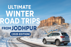 “Self-drive car on a winter road near Mehrangarh Fort Jodhpur – Ultimate Winter Road Trips from Jodhpur 2025 Edition.”