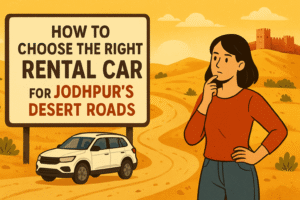 A rental SUV driving on a desert road toward Jodhpur with Mehrangarh Fort in the background, representing a guide on how to choose the right rental car for Jodhpur’s desert roads.