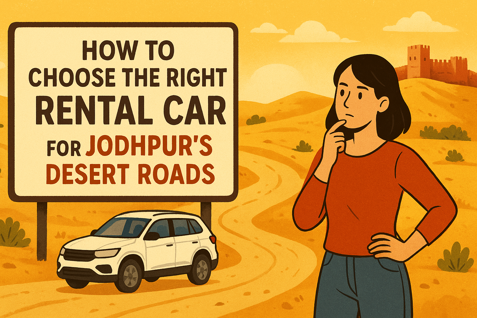 A rental SUV driving on a desert road toward Jodhpur with Mehrangarh Fort in the background, representing a guide on how to choose the right rental car for Jodhpur’s desert roads.