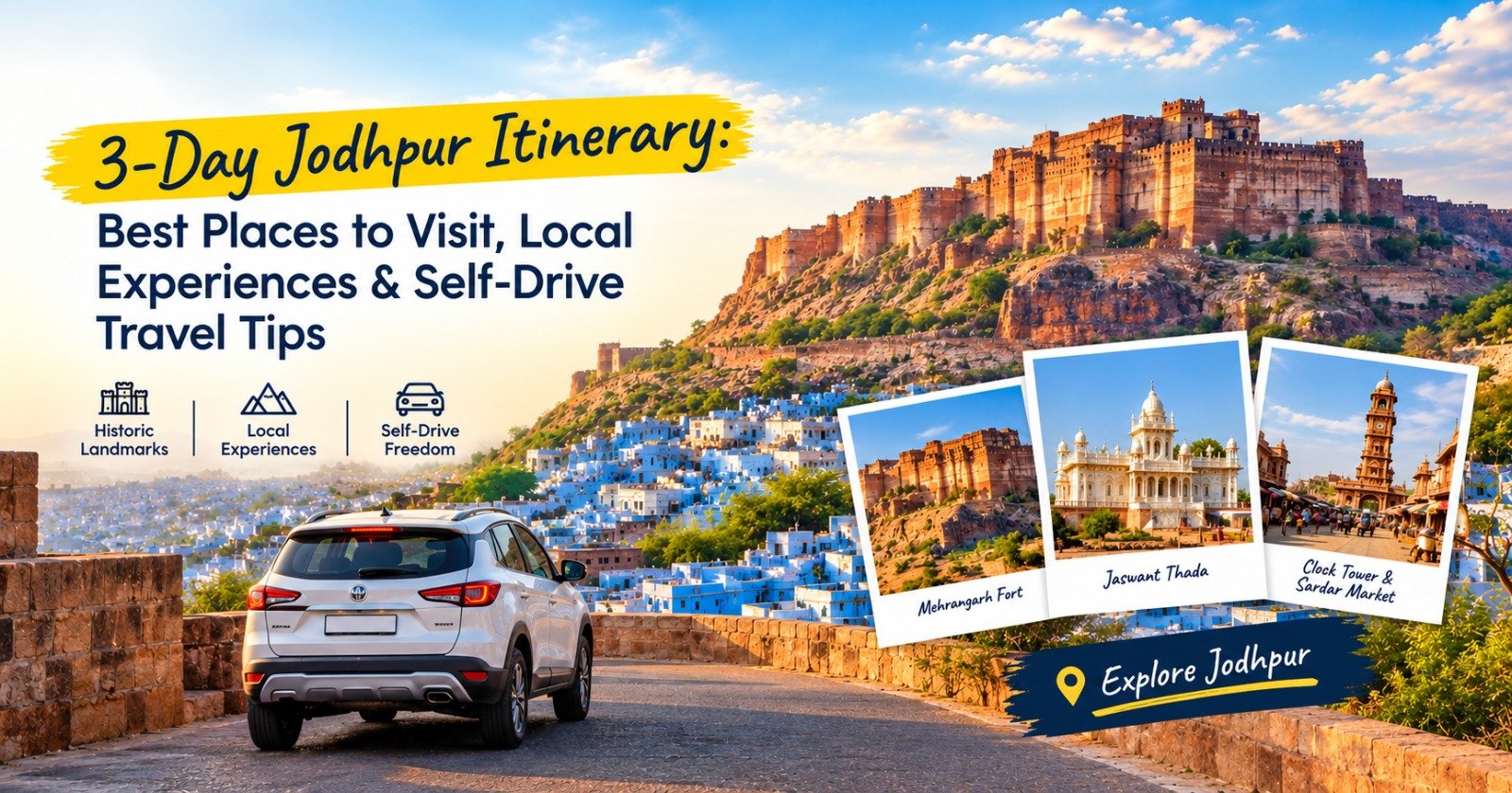 3-day Jodhpur itinerary featuring Mehrangarh Fort, Blue City and self-drive travel.